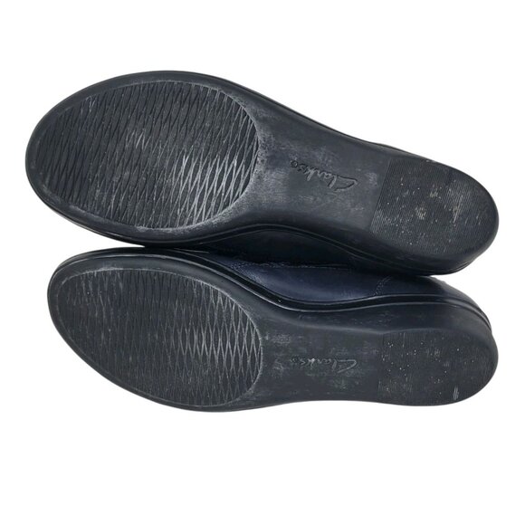 Clarks Women's Size 9 Navy Blue Leather Loafers Comfort Adjustable Strap Wedge - Picture 12 of 12